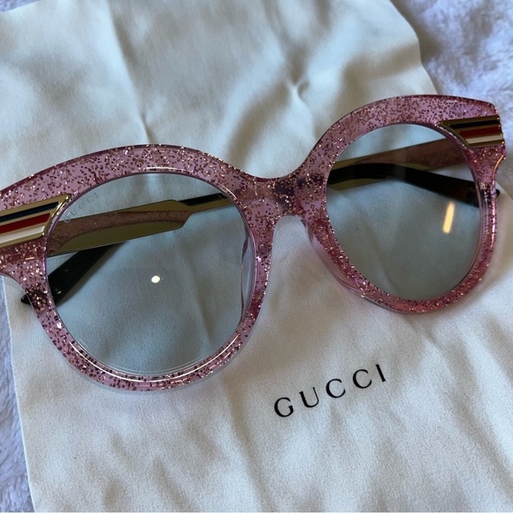 GUCCI GG0282SA Sunglasses Round Frame Web Pink Glitter Light Azure Acetate new - Picture 15 of 15